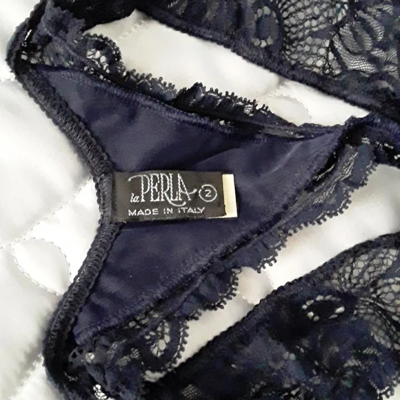 90s La Perla Bustier & Thong, Pleated (Plisse), Dark Navy, Sz 32 & 2 ITALY - Picture 13 of 16